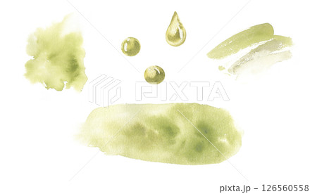 Green olive watercolor abstract splashes and stroke set. Hand drawn paint brush stain isolated on white. Pastel green splatters spot for background, card, poster template design 126560558