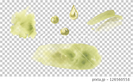 Green olive watercolor abstract splashes and stroke set. Hand drawn paint brush stain isolated on white. Pastel green splatters spot for background, card, poster template design 126560558