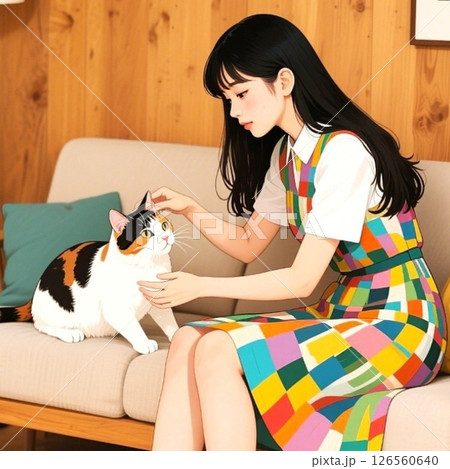 部屋で猫とリラックスしている女性(AIイラスト素材) 部屋で猫とリラックスしている女性(AIイラスト素材) 126560640