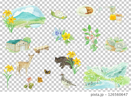 A set of watercolor mountaineering images 126560647