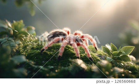 A highly detailed photorealistic Mexican pink tarantula with vibrant pink and black hairs on lush moss-covered rocks in misty tropical forest ethereal atmosphere A highly detailed photorealistic Mexican pink tarantula with vibrant pink and black hairs on lush moss-covered rocks in misty tropical forest ethereal atmosphere 126560668