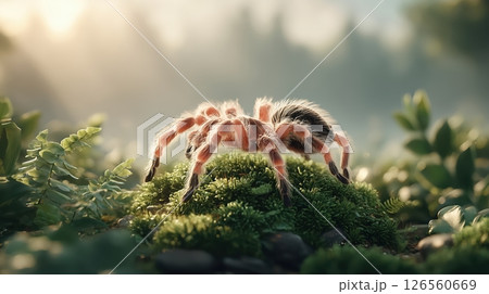 A highly detailed photorealistic Mexican pink tarantula with vibrant pink and black hairs on lush moss-covered rocks in misty tropical forest ethereal atmosphere A highly detailed photorealistic Mexican pink tarantula with vibrant pink and black hairs on lush moss-covered rocks in misty tropical forest ethereal atmosphere 126560669