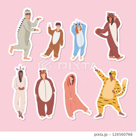 Cartoon Color Characters People in Cute Pajamas Concept Stickers Set Flat Design Style Symbol of Relax and Sleep. Vector illustration 126560766