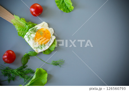 Close-up of healthy food, egg and salad on spatula, on gray background Close-up of healthy food, egg and salad on spatula, on gray background 126560793