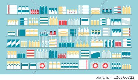 Cartoon Color Different Types Pharmacy Drugs in Rows Set Drugstore Assortment Concept Flat Design Style. Vector illustration Cartoon Color Different Types Pharmacy Drugs in Rows Set Drugstore Assortment Concept Flat Design Style. Vector illustration 126560822