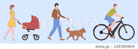 Cartoon Color Characters People Walking with Prams and Dog Set Concept Flat Design Style . Vector illustration of Outdoor Walk Cartoon Color Characters People Walking with Prams and Dog Set Concept Flat Design Style . Vector illustration of Outdoor Walk 126560864