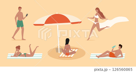 Cartoon Color Different Characters People on Beach Set Summer Vacation Concept Flat Design Style. Vector illustration of Sunbathing Cartoon Color Different Characters People on Beach Set Summer Vacation Concept Flat Design Style. Vector illustration of Sunbathing 126560865