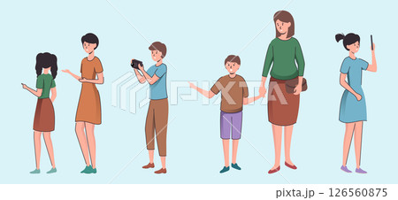 Cartoon Color Characters People Different Types Visitors Concept. Vector illustration of Children and Aduls Spend Time Together 126560875
