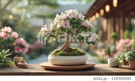 A highly detailed photorealistic Loropetalum chinensis bonsai with vibrant purple foliage in elegant shallow ceramic pot on mossy wooden table peaceful Japanese garden tranquil atmosphere A highly detailed photorealistic Loropetalum chinensis bonsai with vibrant purple foliage in elegant shallow ceramic pot on mossy wooden table peaceful Japanese garden tranquil atmosphere 126560891