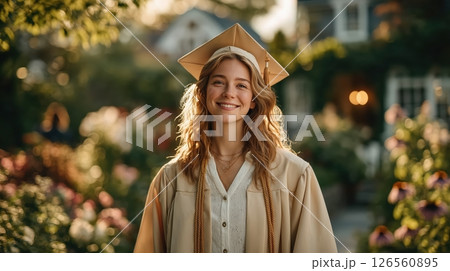 A highly detailed photorealistic image of a person wearing pristine white cap and gown standing in sunlit lush garden with blooming flowers serene uplifting atmosphere 126560895