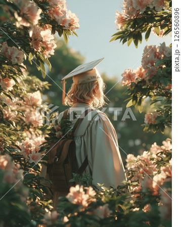 A highly detailed photorealistic image of a person wearing pristine white cap and gown standing in sunlit lush garden with blooming flowers serene uplifting atmosphere 126560896