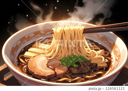 チャーシューやメンマが入ったおいしそうな醤油ラーメンを箸で食べようとしている、湯気があがってあたたか 126561121