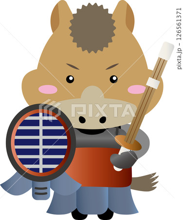 剣道の防具をつけた馬のキャラクター（午年・干支・スポーツ・かわいいイラスト） 126561371