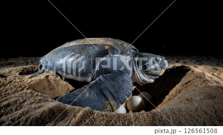 Leatherback Turtle Nesting: 1,500lb Female Laying Eggs at Moonlight Leatherback Turtle Nesting: 1,500lb Female Laying Eggs at Moonlight 126561508