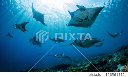 Manta Ray Feeding Frenzy: School Gliding Through Plankton Bloom Manta Ray Feeding Frenzy: School Gliding Through Plankton Bloom 126561511