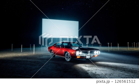 Retro Muscle Car at Drive In Theater Under Starry Sky Retro Muscle Car at Drive In Theater Under Starry Sky 126561512