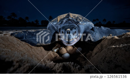 Leatherback Turtle Nesting: 1,500lb Female Laying Eggs at Moonlight 126561536