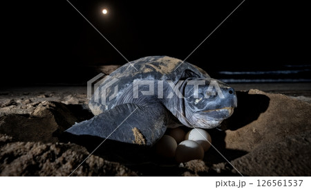 Leatherback Turtle Nesting: 1,500lb Female Laying Eggs at Moonlight 126561537