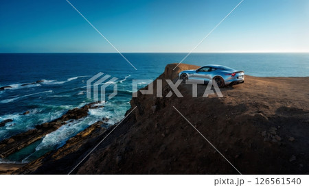 Luxury Sports Car Parked on Cliffside Overlooking Ocean 126561540