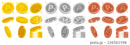 キラキラしているポイントコイン 金貨 イラスト イメージ 素材 セット まとめ売り 金銀銅	 126561596