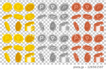 キラキラしているポイントコイン 金貨 イラスト イメージ 素材 セット まとめ売り 金銀銅 126561597