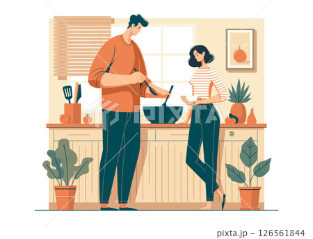 Couple cooking together in cozy kitchen interior with fresh ingredients and warm atmosphere for lifestyle or food-related content 126561844
