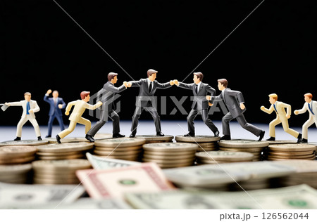 お金の上で争い合うミニチュアのビジネスマンたち お金の上で争い合うミニチュアのビジネスマンたち 126562044
