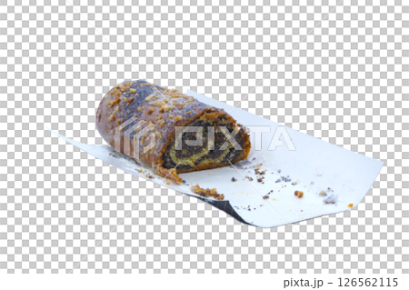 Close-up of a roll with poppy seeds, icing sugar and crushed nuts, partially eaten, on a white paper tray. Perfect for bakery advertising, food packaging and recipe blogs. No background 126562115