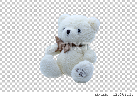 Soft white bear cub with brown ribbon sits without background. Cute plush toy for kids, baby products, gift decorating or decorating a child's room. Soft white bear cub with brown ribbon sits without background. Cute plush toy for kids, baby products, gift decorating or decorating a child's room. 126562116