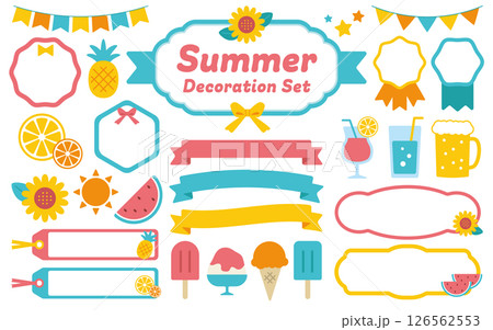 夏のデコレーション素材セット／ひまわり・パイナップル・スイカ・ジュース・アイス・ビールのイラスト付き 126562553
