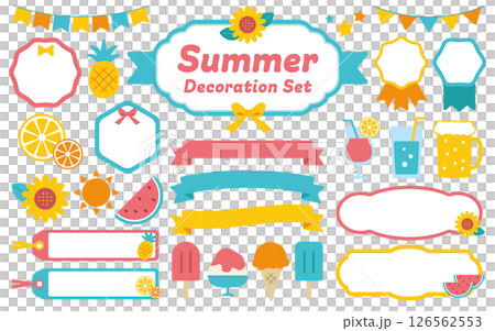 夏のデコレーション素材セット／ひまわり・パイナップル・スイカ・ジュース・アイス・ビールのイラスト付き 126562553