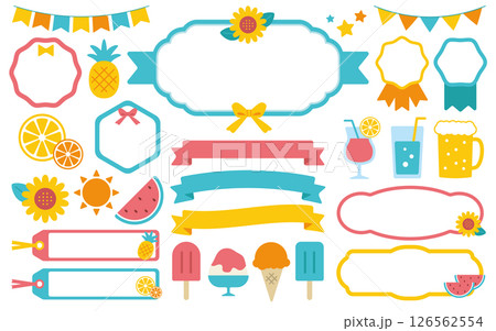 夏のデコレーション素材セット／ひまわり・パイナップル・スイカ・ジュース・アイス・ビールのイラスト付き 126562554