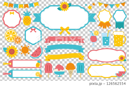 夏季裝飾材料套裝/向日葵、鳳梨、西瓜、果汁、冰淇淋和啤酒的插圖 126562554