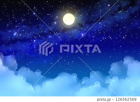 満月と星空　背景イラスト　夜空　青 126562569