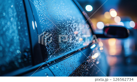 夜の駐車場と車窓に落ちる雨粒 126562734