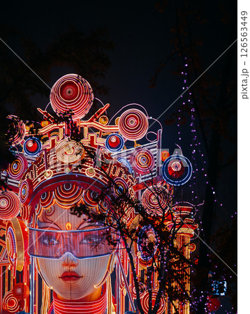 Beijing, China. Zigong Lantern Festival In Beijing. Amazing Glowing Lantern In Form Of Futuristic Chinese Girl. Lantern Festival In Beijing Garden Expo Park. National Intangible Cultural Heritage Of 126563449