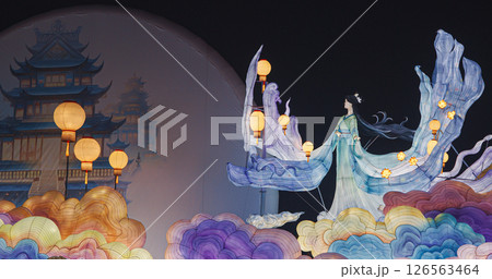 Beijing, China. Zigong Lantern Festival In Beijing. Amazing Lighting Composition Of Mythological Story About Moon Goddess Chang'e And Her Rabbits, Who Stole Elixir Of Immortality From Her Husband And Beijing, China. Zigong Lantern Festival In Beijing. Amazing Lighting Composition Of Mythological Story About Moon Goddess Chang'e And Her Rabbits, Who Stole Elixir Of Immortality From Her Husband And 126563464