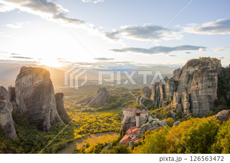 Sunset at Meteora Rocks and Greek Monastery 126563472