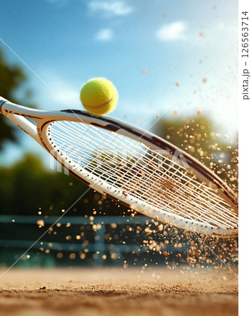 Tennis play on court in summer. close up of tennis racket with balls. AI Generated. 126563714