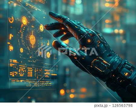 Intelligent robot machine using digital screens interface with his hands. digital background. AI Generated. 126563798