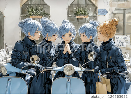 スクーターで買い物に来た若い女性たちのイラスト素材 126563931