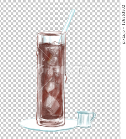 A hand-drawn watercolor illustration of a delicious-looking transparent long glass and iced coffee in a coffee shop 126563932