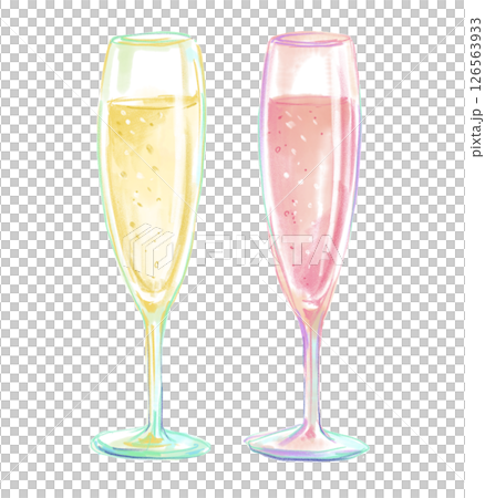 A hand-drawn watercolor illustration of a refreshing and delicious glass of clear champagne and a pair of glasses 126563933