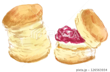 焼きたてで美味しそうなクリームとジャムを挟んだスコーンの手描き水彩イラスト 126563934