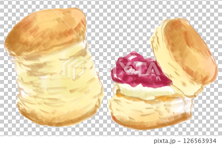 Hand-drawn watercolor illustration of delicious freshly baked scones with cream and jam 126563934