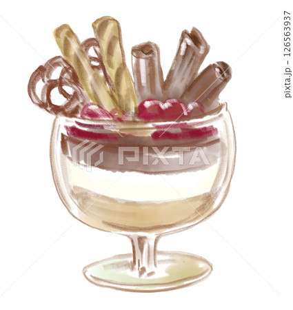 喫茶店の美味しそうな透き通ったグラスに入ったチョコレートパフェの手描き水彩イラスト 喫茶店の美味しそうな透き通ったグラスに入ったチョコレートパフェの手描き水彩イラスト 126563937