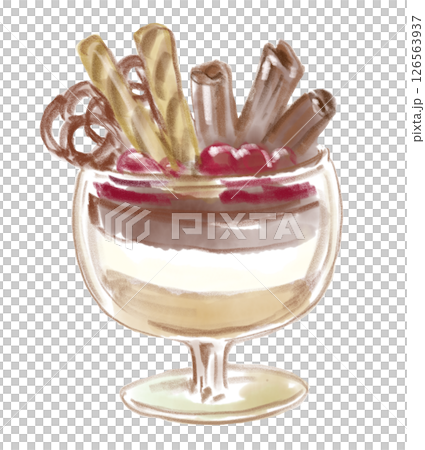 喫茶店の美味しそうな透き通ったグラスに入ったチョコレートパフェの手描き水彩イラスト 喫茶店の美味しそうな透き通ったグラスに入ったチョコレートパフェの手描き水彩イラスト 126563937