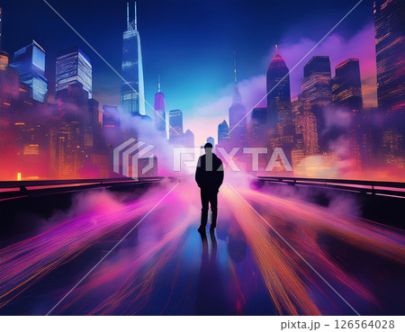 A silhouette of a person against the background of a virtual city. megalopolis scenery at twilight. AI Generated. A silhouette of a person against the background of a virtual city. megalopolis scenery at twilight. AI Generated. 126564028