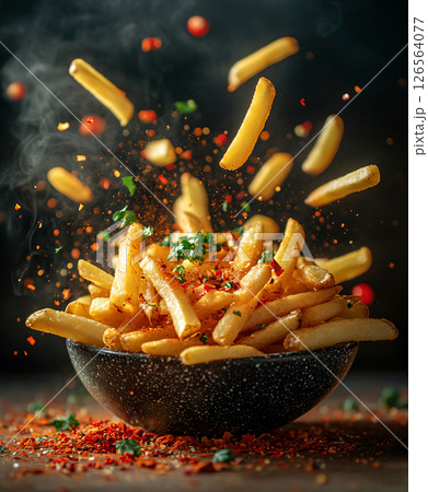 French fries potatoes in fry box. fried potatoes flyin and red pepper and dry spices. AI Generated. 126564077