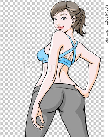 脚を大きく開いて振り返るスポーツウェアの若い女性_上半身 126564338